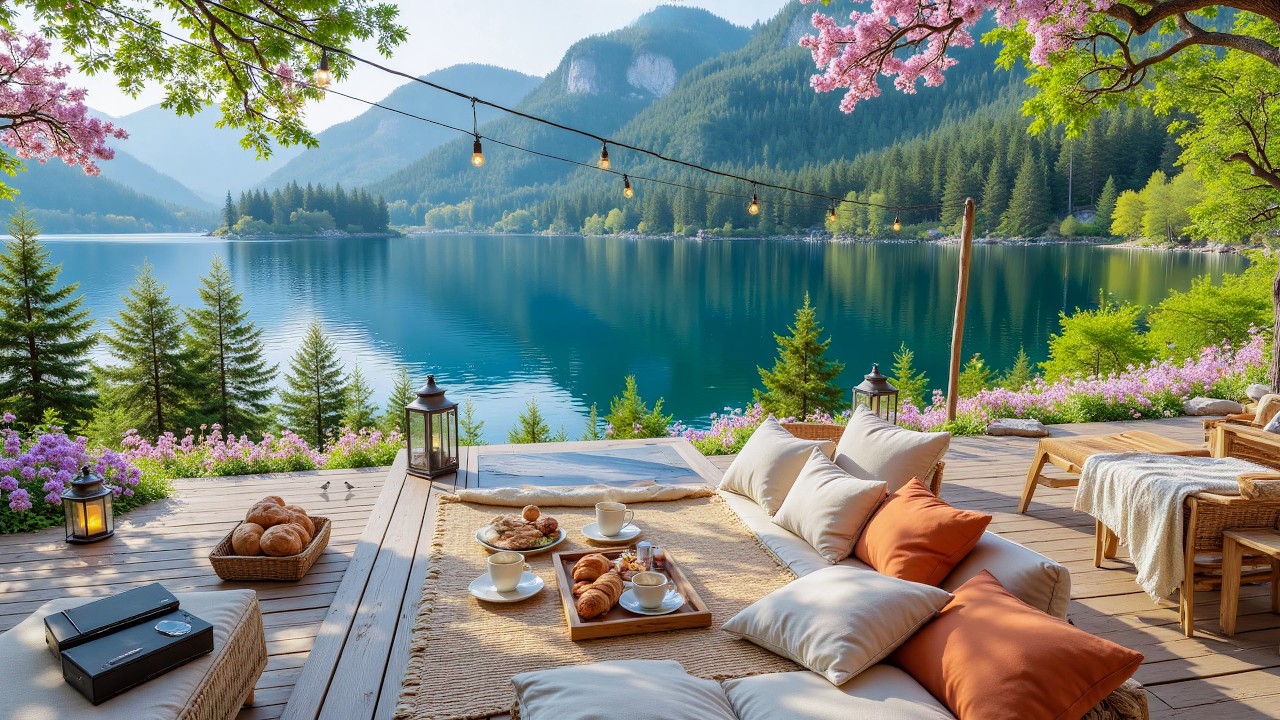 Peaceful Spring Lakeside Cabin 🌸 Soft Piano & Bird Chirping for Relaxation, Study