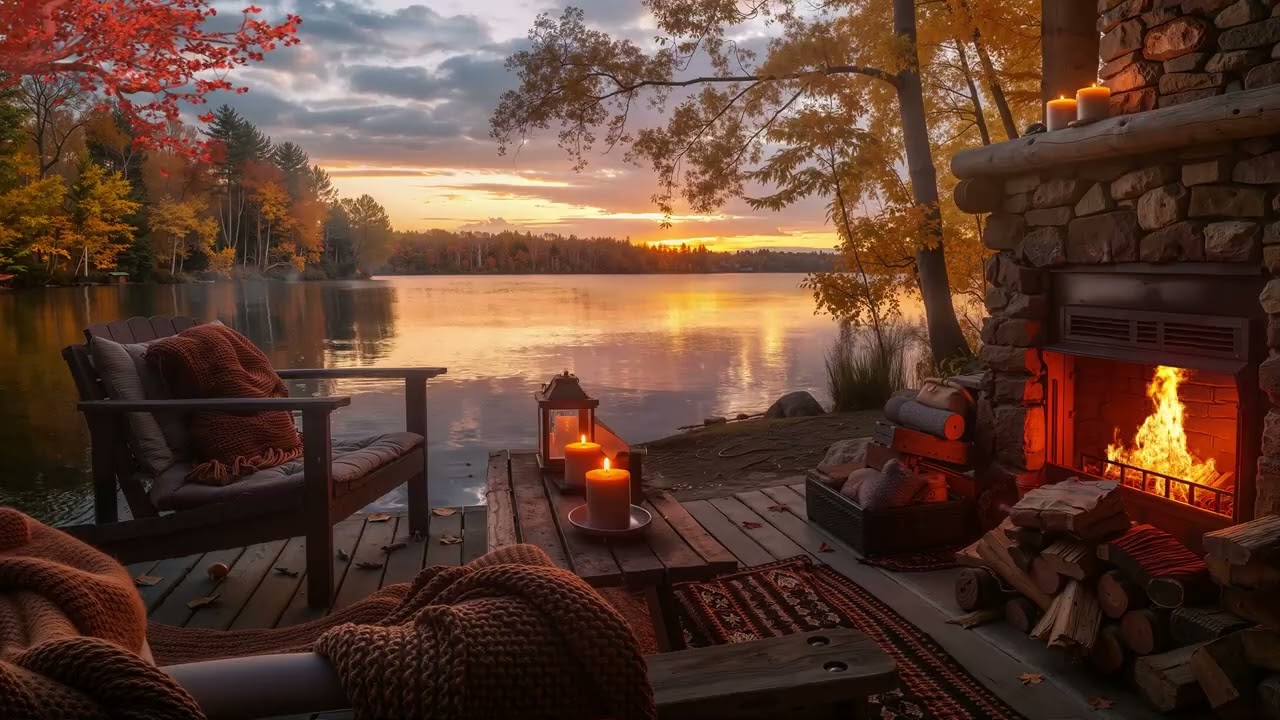 Autumn Sunset by the Lake | Crackling Fireplace & Candlelight Ambience
