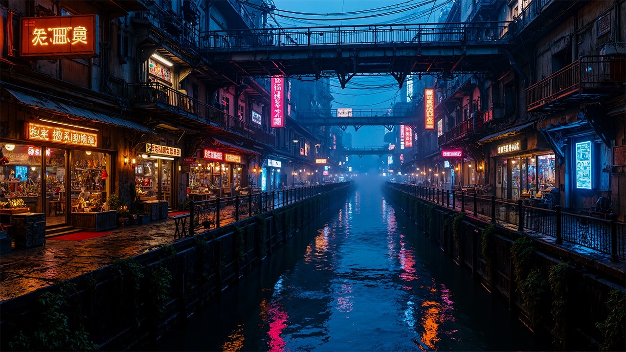 Cyberpunk Waterfront District | Rain-Soaked Neon Reflections & Night Ambience | 4K