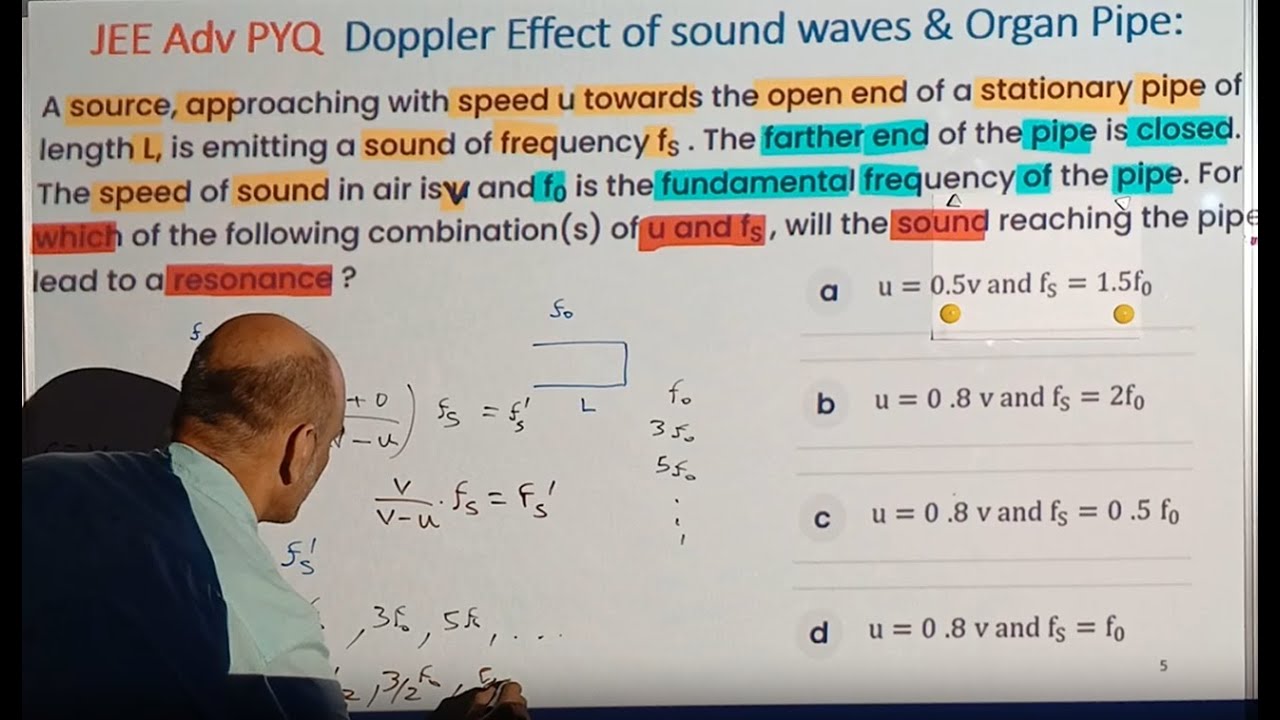 JEE Adv PYQ | Waves | Doppler | source speed u towards pipe fs sound speed v f0 funda freq resonance