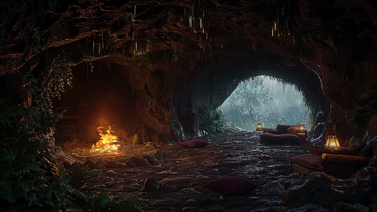 Soft Rain and Fire in a Cave | A Quiet Night Soundscape for Sleep