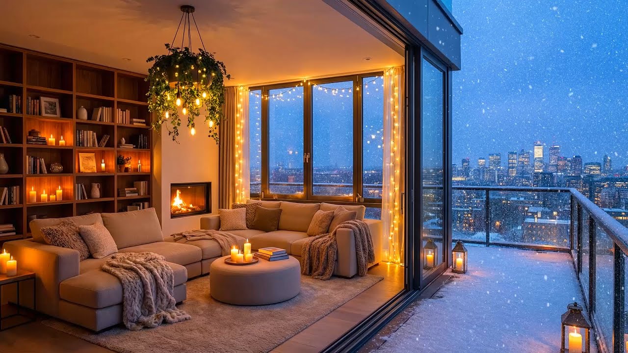 Peaceful Snowy Night ❄️ Luxury Balcony Apartment Ambience with Relaxing Jazz & Fireplace for Study