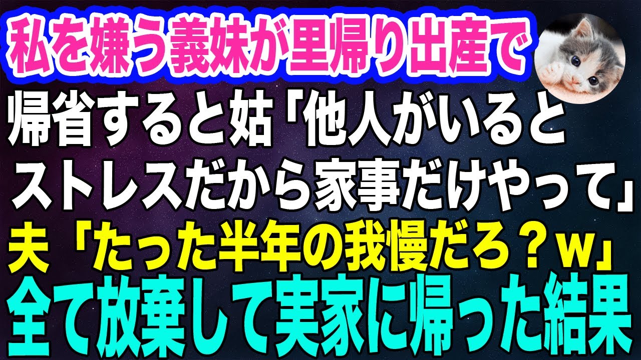 【スカッとする話】私を嫌う高飛車な義妹が里帰り出産で帰省すると姑「他人がいるとストレスだから家事だけしに通ってｗ」夫「たった半年の我慢だろ？ｗ」→全て放棄した結果ｗ【朗読】【スカッと】【修羅場】