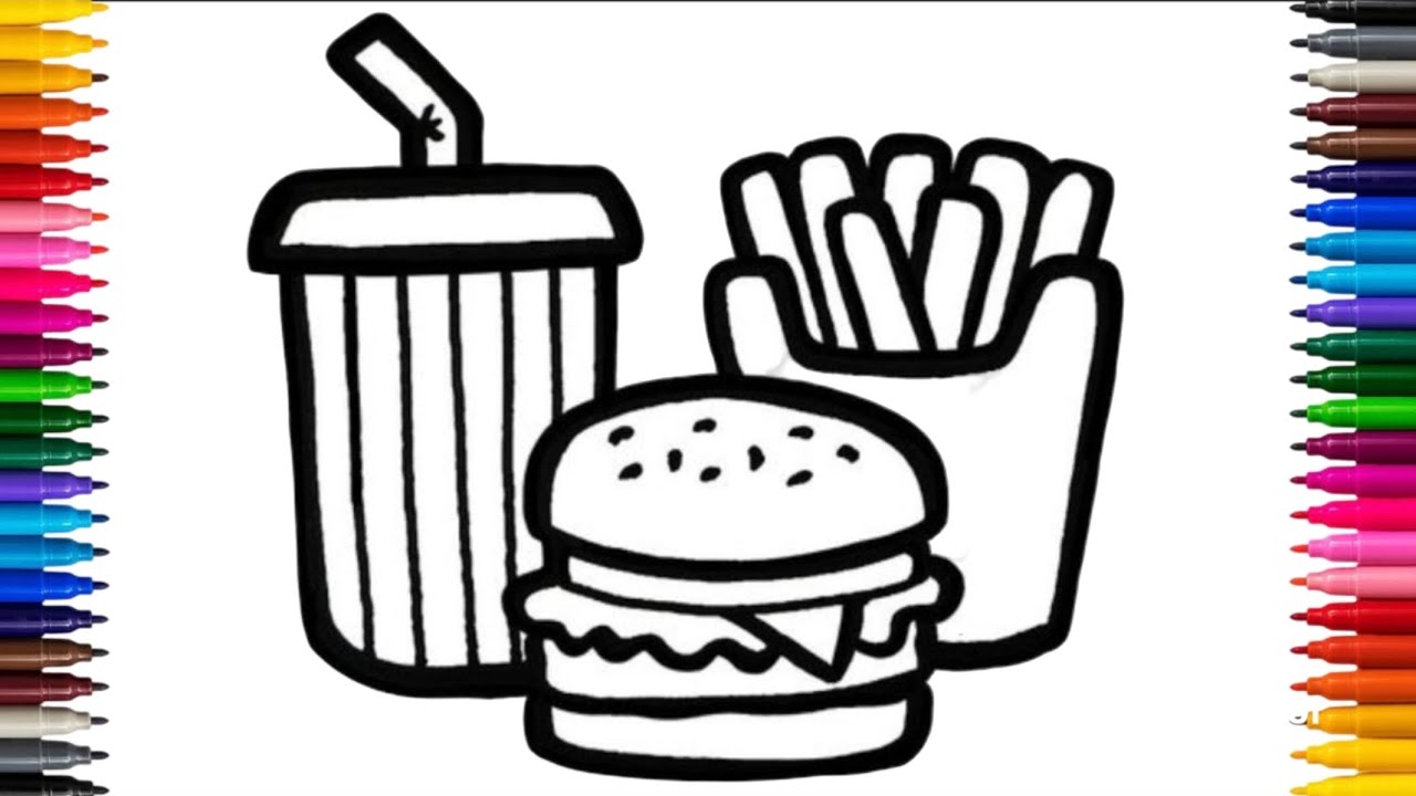 Милый рисунок бургера 🍔 и картошки фри 🍟 || Простой пошаговый рисунок фастфуда для детей ||