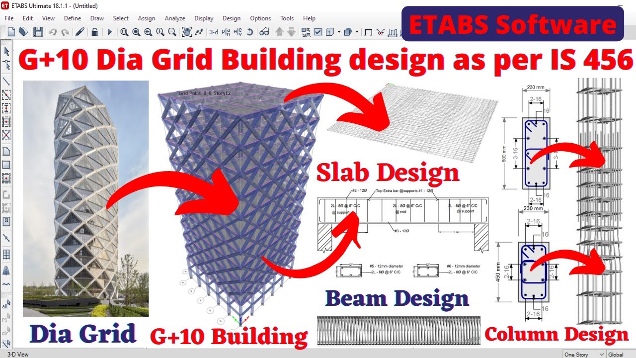 G+10 Dia grid building design by ETABS software | structural design | civil engineering | online |