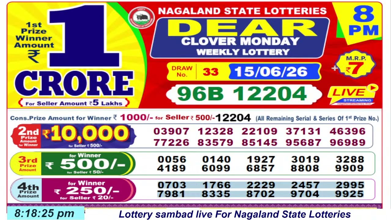 Dear Lottery Sambad 8 PM Lottery Live Result | Lottery Sambad Live 15.06.2026 Nagaland Lottery Live