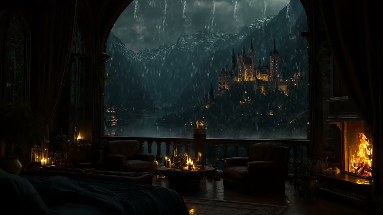 Soothing Rain and Warm Fireplace Ambience in an Enchanted Castle for Deep Relaxation