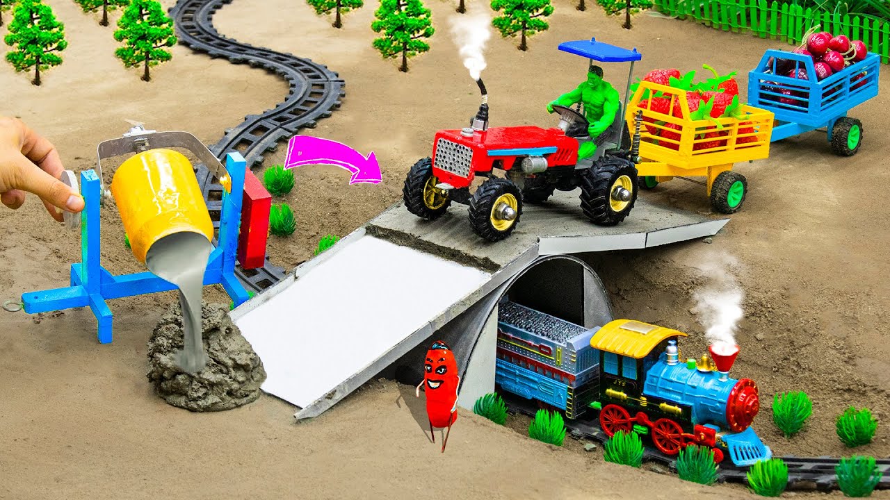 Diy tractor making mini concrete bridge for train safety #2 | diy fruit truck | @Sunfarming
