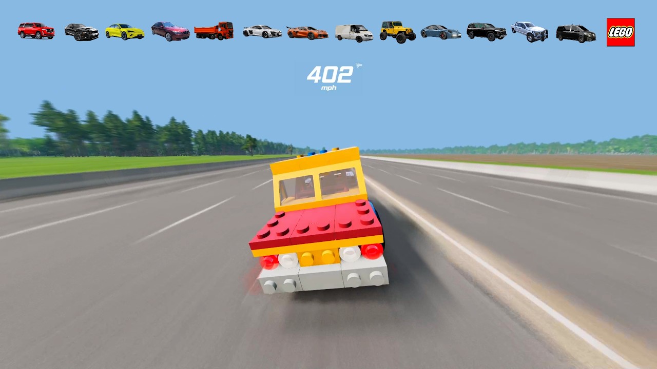 Extreme 450 MPH Speed Test: 14 Cars (Toyota, Cadillac, Lego...) vs 450+ MPH! - BeamNG Drive