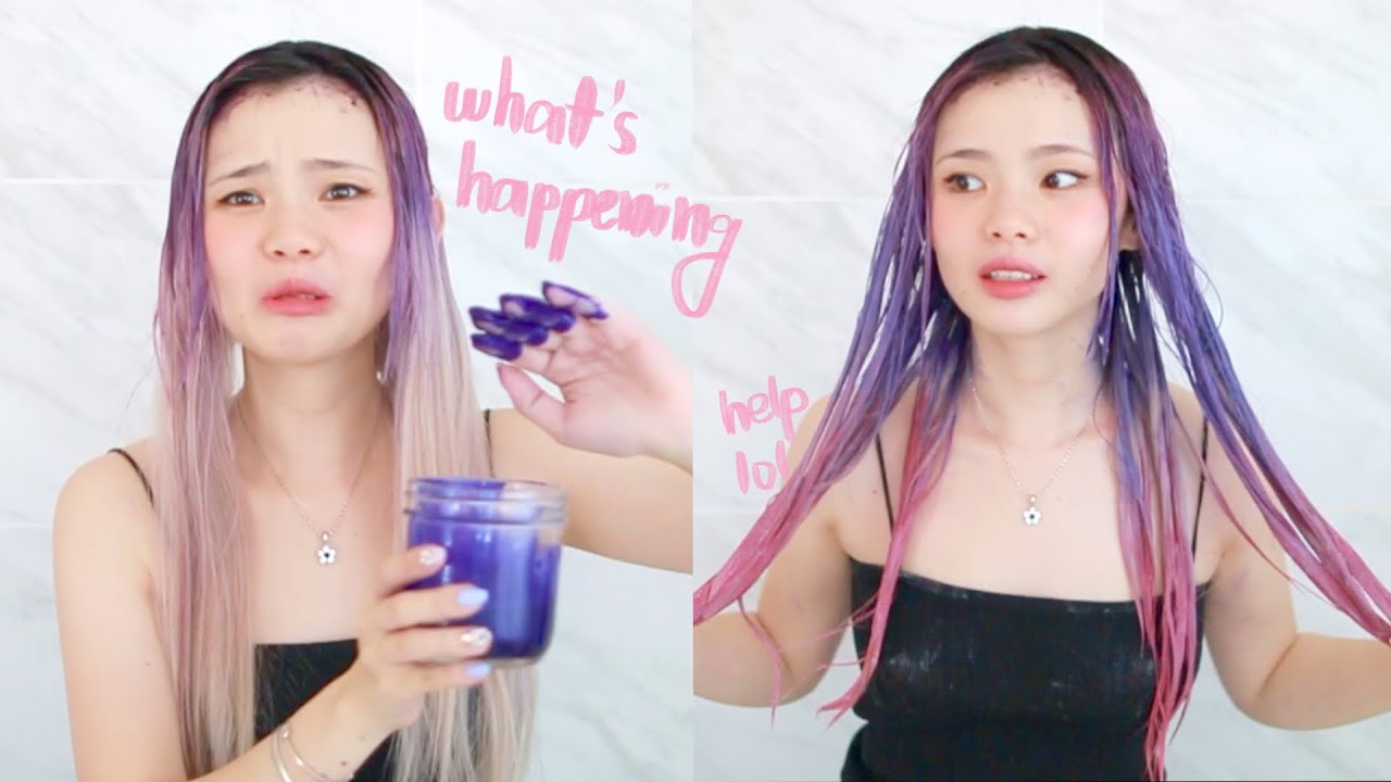 trying to dye my hair purple, blue and pink ombre but it's a disaster 😭💦