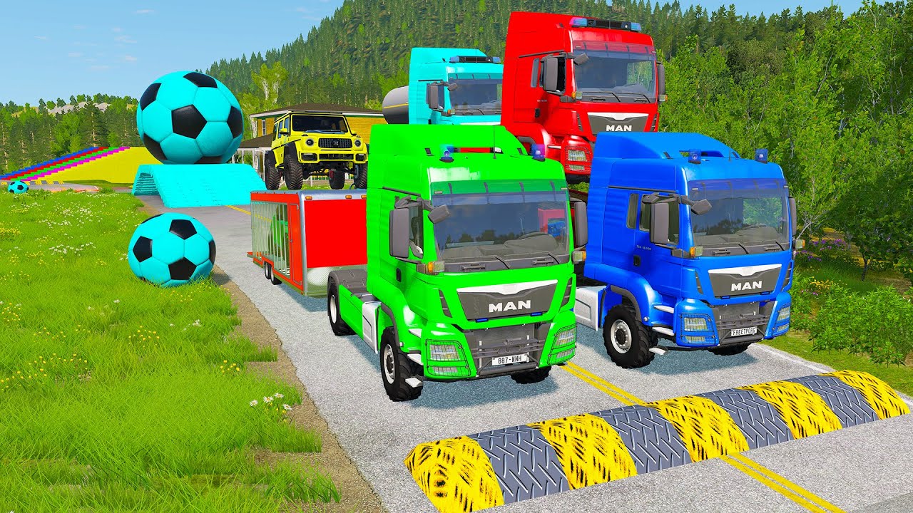 Double Flatbed Trailer Truck vs Speedbumps Train vs Cars | Tractor vs Train Beamng.Drive 060