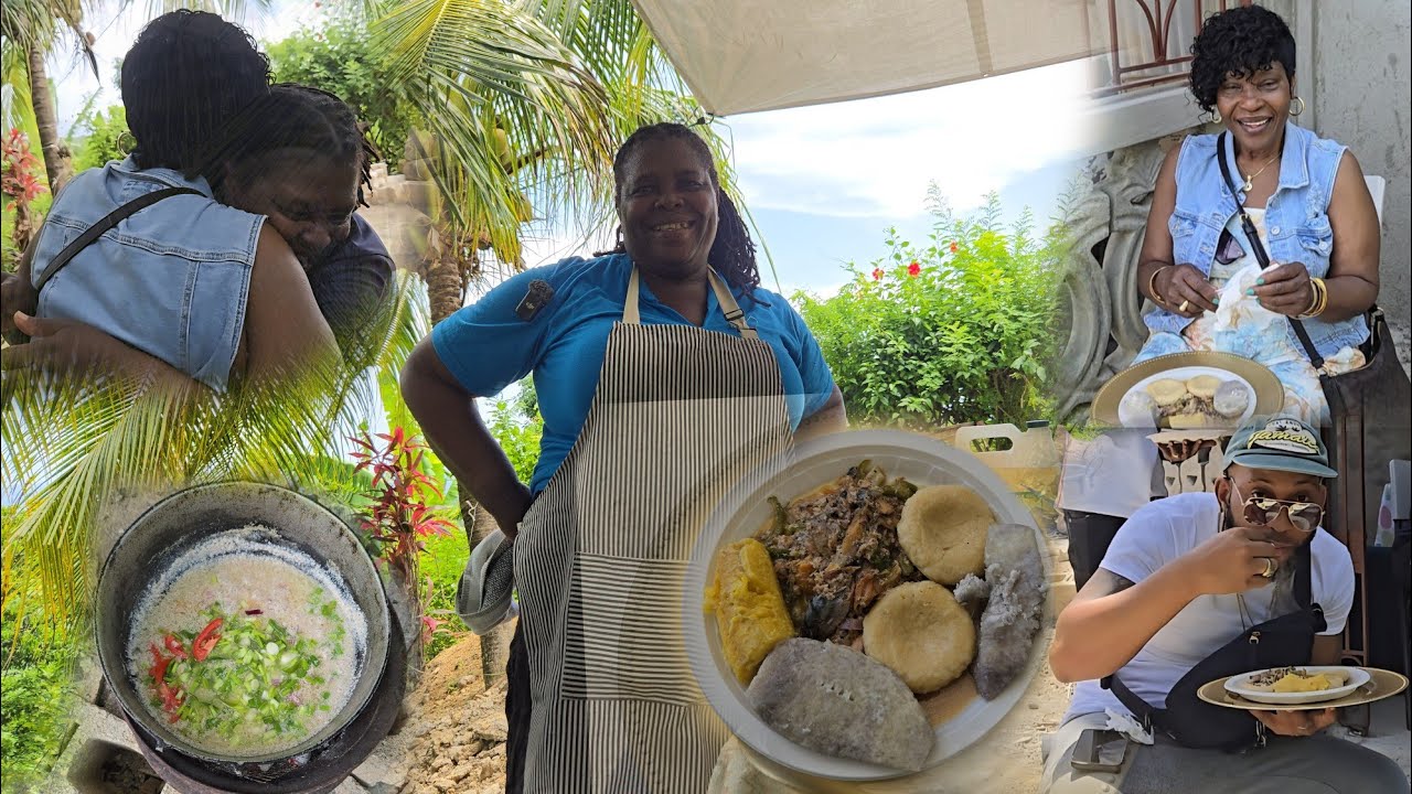 Jamaican home grown cooking || ripe plantain  dasheen W salt mackerel rundown cooking for our guests