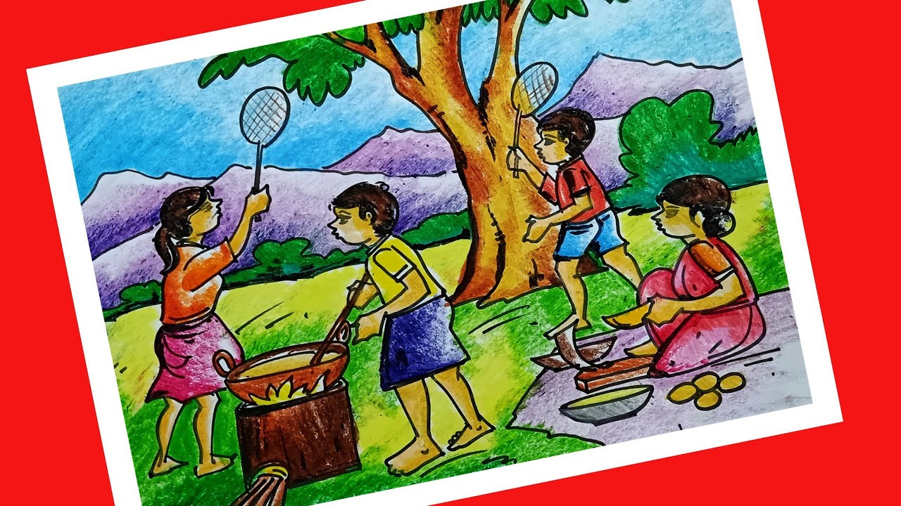 Picnic drawing for beginners,//How to draw a family picnic drawing.//Sandip Maji.