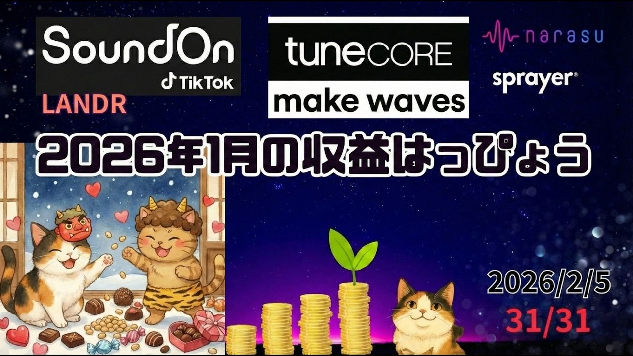 【AI音楽を世界に配信!!Vlog.31/31】2026/1月分音楽配信の収益発表tuneCORE,SoundOn,LANDR,Sprayer,narasu,makewaves ☆収録2026/2/5
