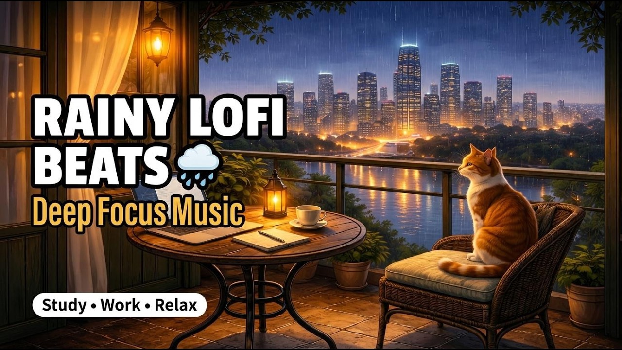 Rainy Evening Lofi 🌧️ Balcony Study Mix with Cozy Cat