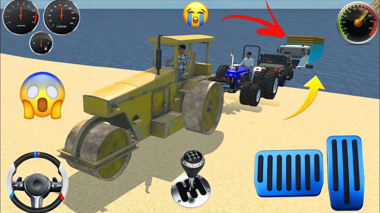 Farmtrac-60, 🔥Powerful Road-rollar😧, And Thar Car, tractor || Rescue Old Truck Stuck in Mud 😢|| Game