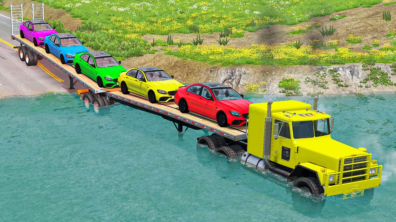 Double Flatbed Long Trailer Truck Rescue - Cars vs Deep Water and Speed Bumps - BeamNG.Drive