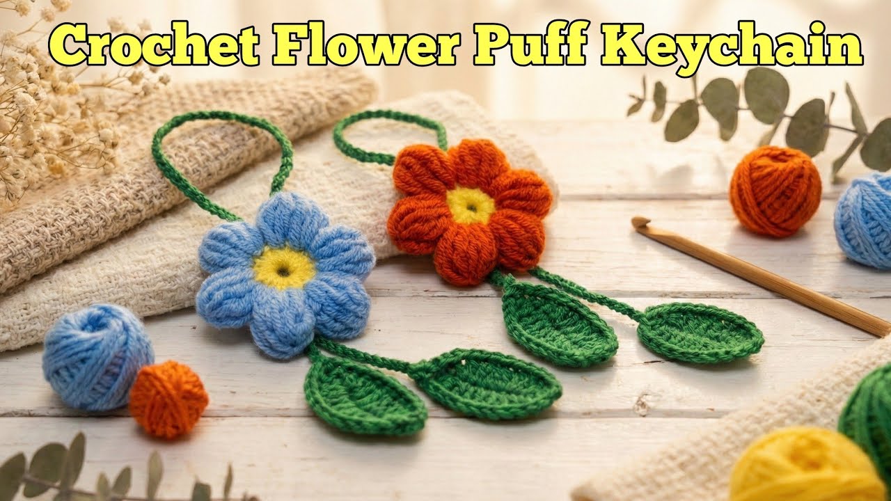 🌸 Crochet Flower Keychain Tutorial 🩷 Crochet Flower Puff Pendant Keychain Tutorial