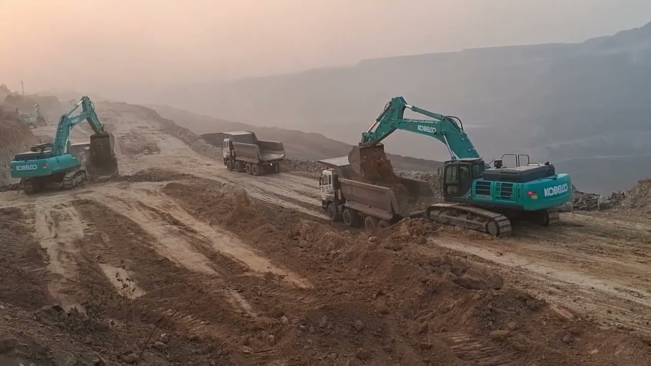 Kobelco Excavator Loading Dump Trucks in Coal Mine | Heavy Equipment Working