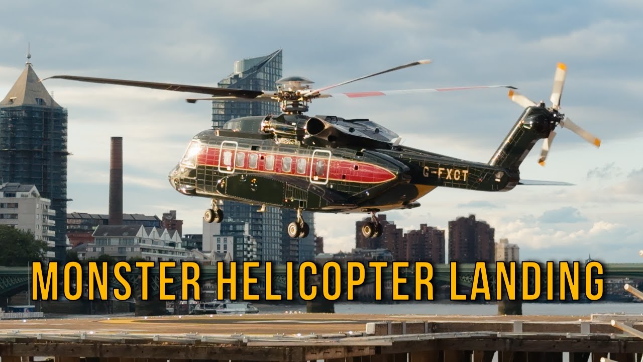 Monster Helicopter Landing at London Heliport Stirring the River Thames with Downwash