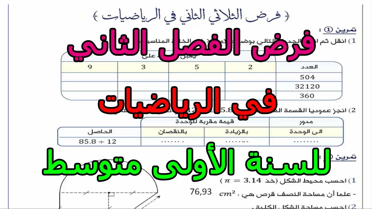 فرض (رقم 2) في الرياضيات للفصل الثاني للسنة أولى متوسط 2023 2024