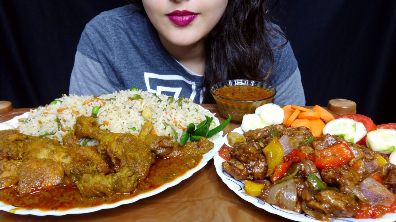 Eating Veg Fried Rice || Spicy Chicken Masala || Dry Chilli Chicken || ASMR || Mukbang Eating Show