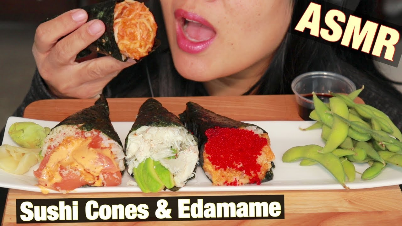 ASMR SUSHI CONES (HAND ROLLS) & EDAMAME - SAVAGE EATING (MESSY) - NO TALKING