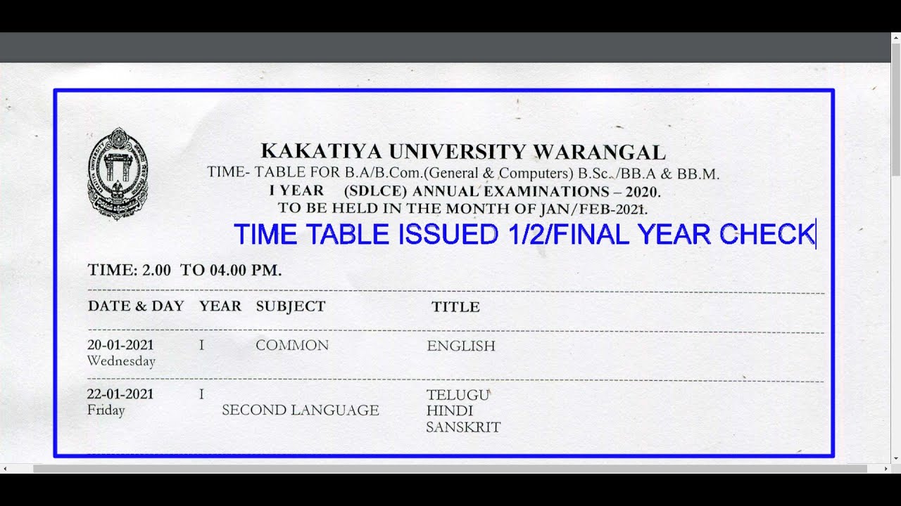 Kakatiya University Degree Exam Time Table 2020| SDLCEKU Exams 2020 |KU Open Degree,PG Exam Jan 2021
