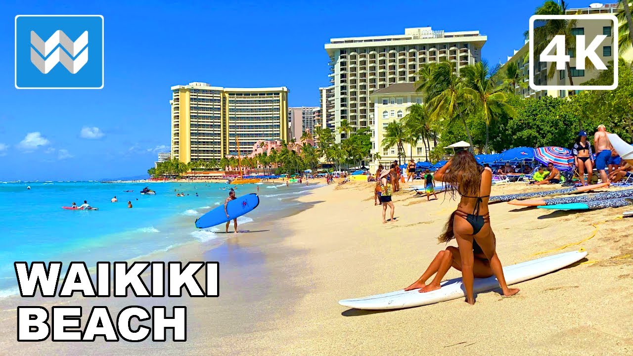 [4K] Waikiki Beach in Honolulu Hawaii - Walking Tour Vlog & Vacation Travel Guide 🎧 Relaxing Waves