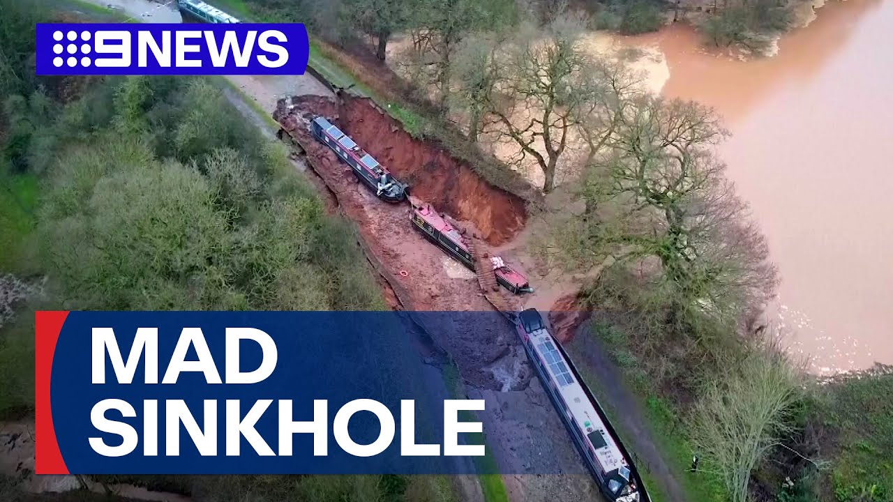 Massive sinkhole in England swallows canal boats | 9 News Australia