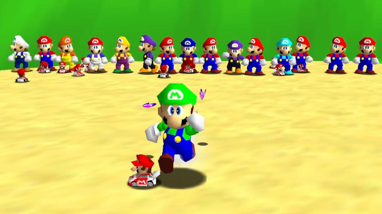 16 Marios with 16 Race Marios in Super Mario 64 - Full Game 100% Walkthrough and other Wario Run