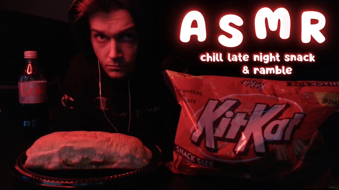 ASMR Eating Cozy Pepperoni Roll & Crunchy Kit Kat Snack (Late Night Rambling)