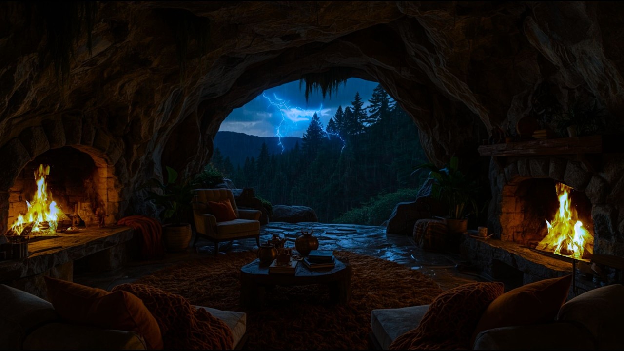 Rainthoria Nights 🌧️Heavy Thunderstorm & Cozy Cave Fireplace for Deep Sleep