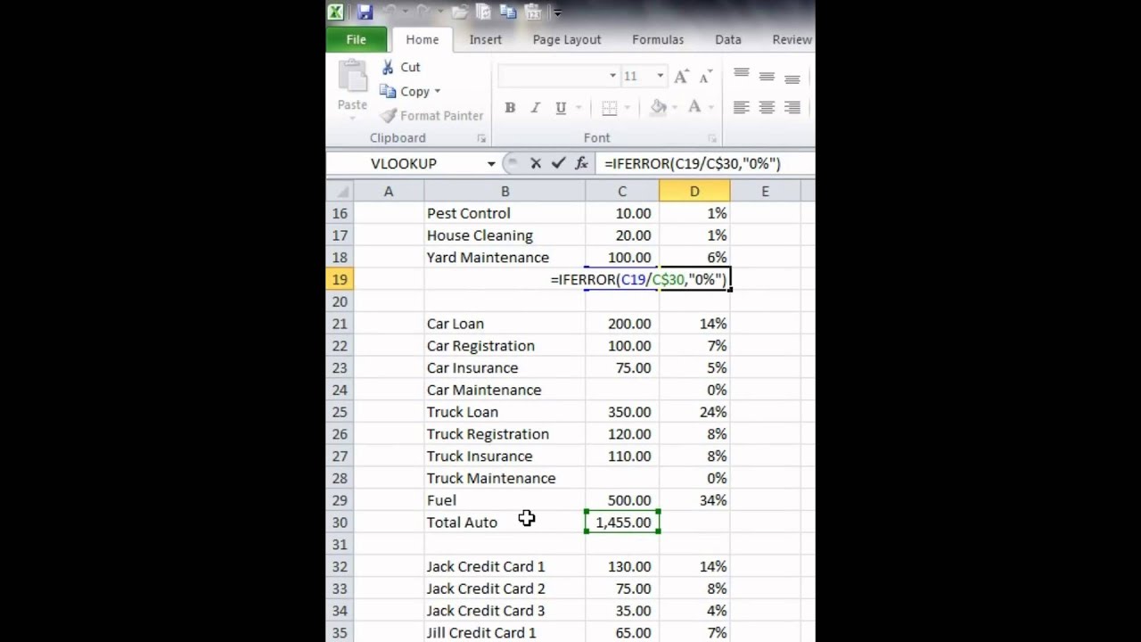 Microsoft Excel Personal Income Statement