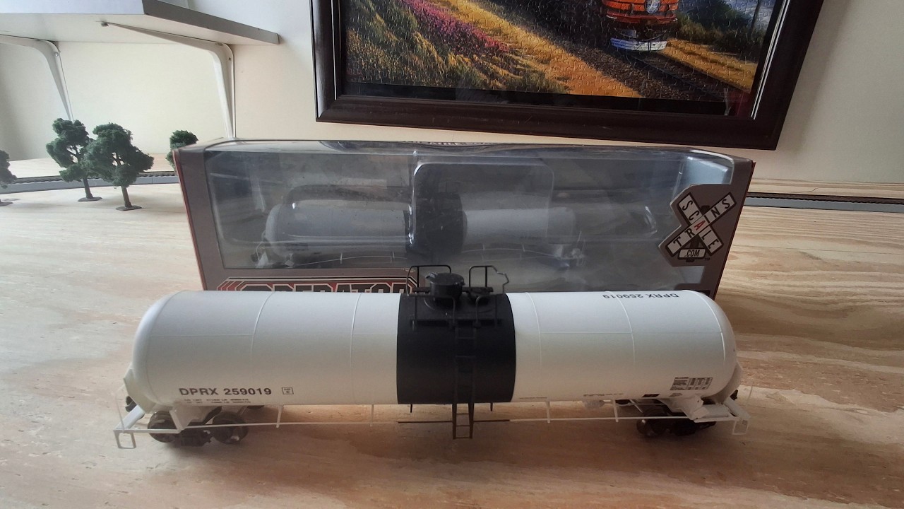 The scale trains 31,000 gal crude oil tank car.