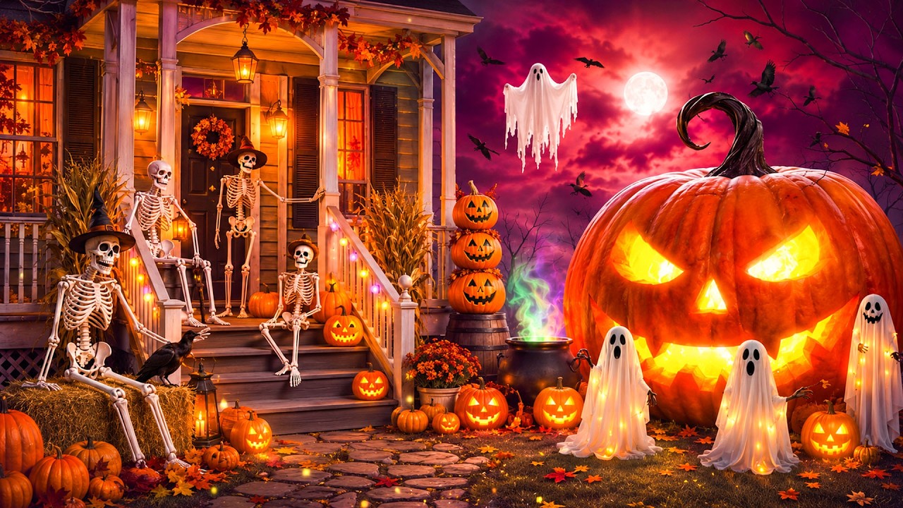 Relaxing Halloween Ambience 🎃 Autumn Night in a Spooky Village 👻 Haunted Sounds & Halloween Music