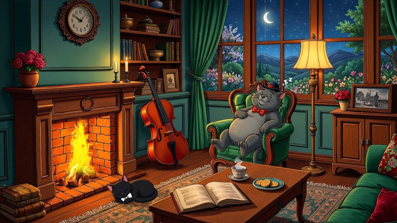 it's a calm night by the fireplace with 1940s oldies playing in another room for relaxation