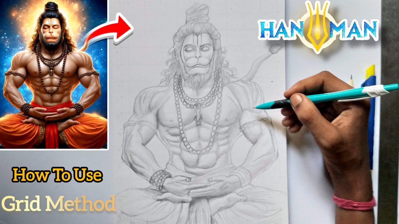How to Use Grid Method 😱 | Hanuman Ji Drawing Step by Step | Easy Lord Hanuman Sketch Tutorial