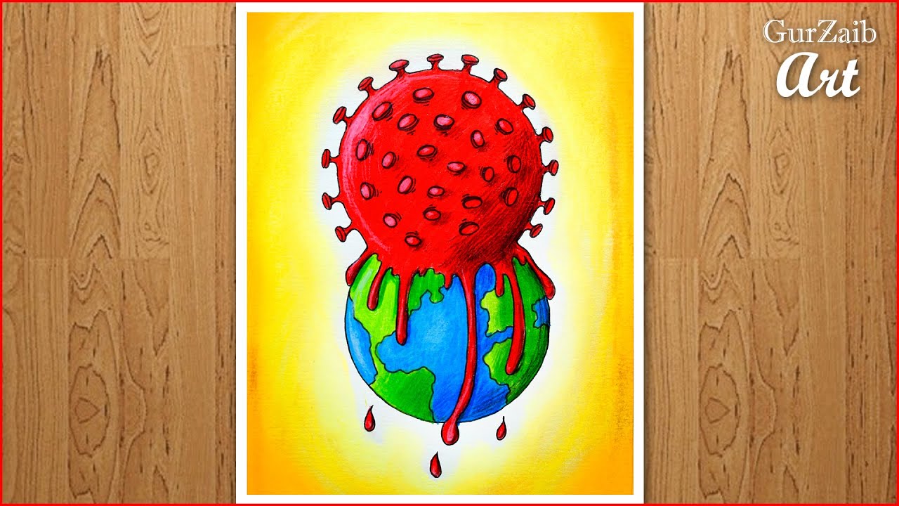How to draw Coronavirus drawing || covid 19 on nature poster painting || step by step easy