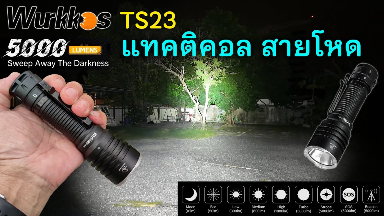 WURKKOS TS23  5000LMs พลังแสงพุ่ง+กว้าง สไตล์แทคติคอล สวิทช์นุ่มนวล modeเยอะแต่ง่าย และ..ไม่แพง