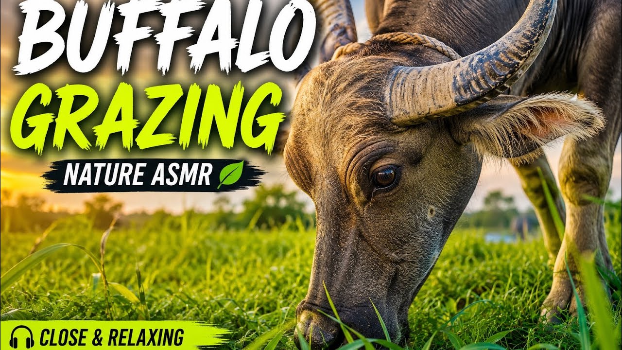 Close-Up Buffalo Grazing Gentle Nature Scene | ASMR Sounds #BuffaloGrazing #ASMRNatureSounds 