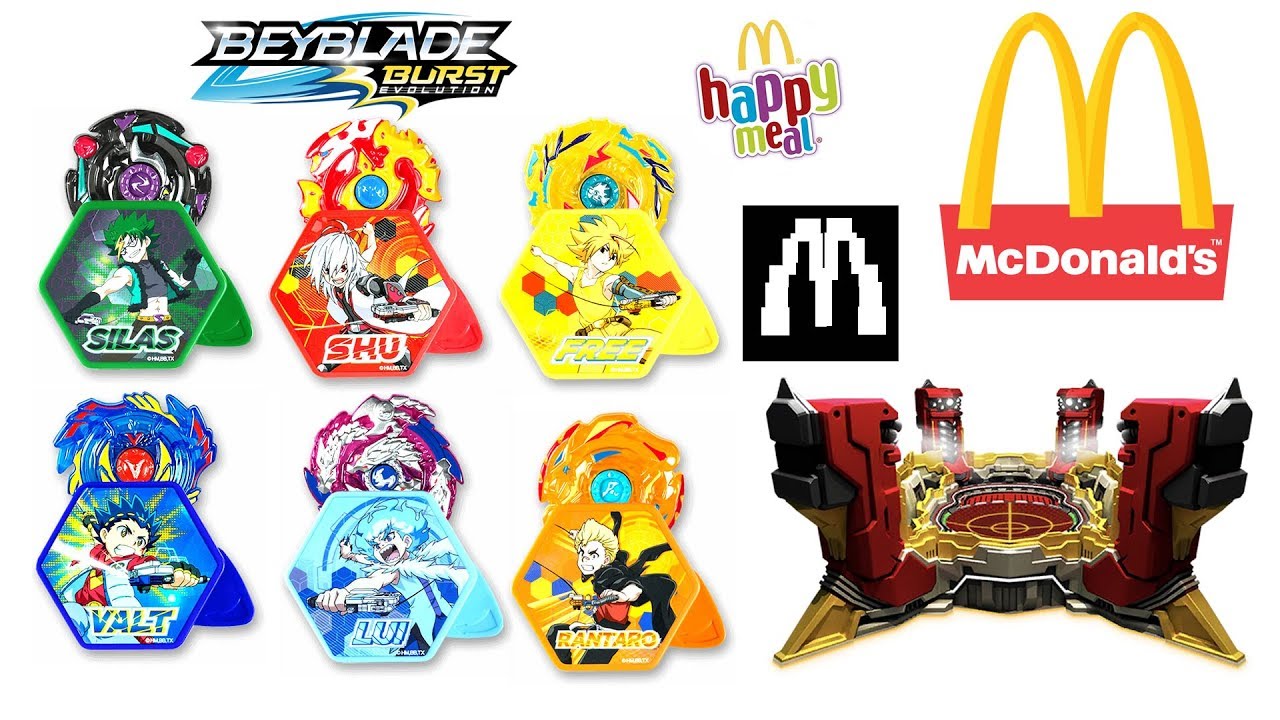 BEYBLADE BURST EVOLUTION MINI BEYBLADE SET @MCDONALDS SATOMB, ROKTAVOR + QR CODE BATTLE LEAGUE
