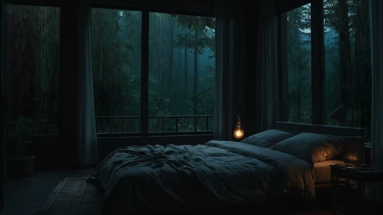 Calm Night Bedroom with Heavy Rain Sounds