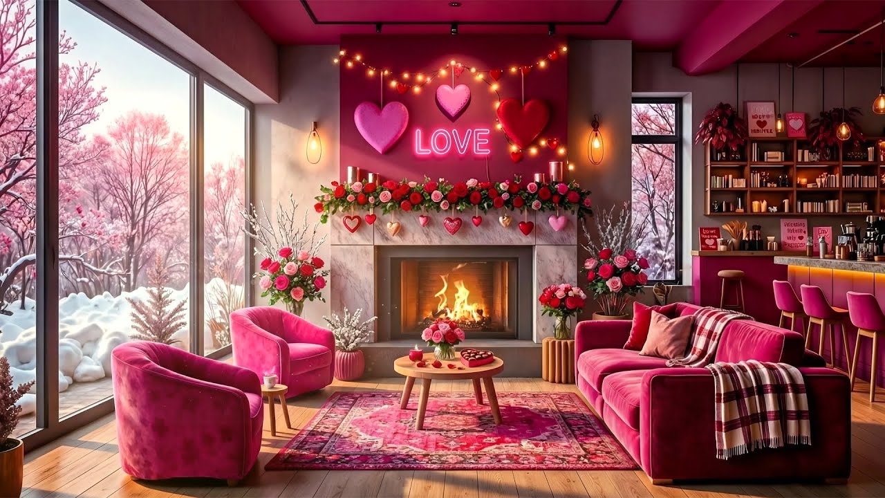 💗 Pink Valentine’s Café Lounge 💕 Romantic Jazz Music by the Fireplace