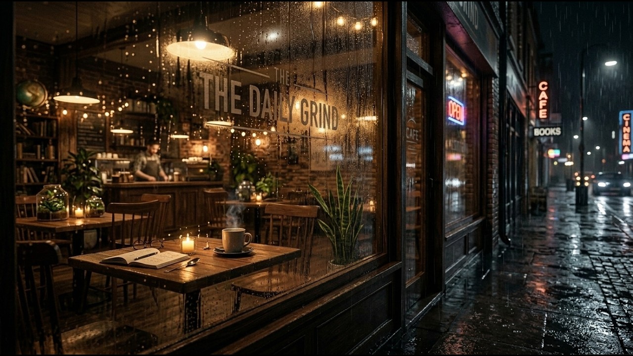 Cozy Spring Rain Coffee Shop ☕ Soft Jazz Piano & Fireplace Sounds for Work & Relax