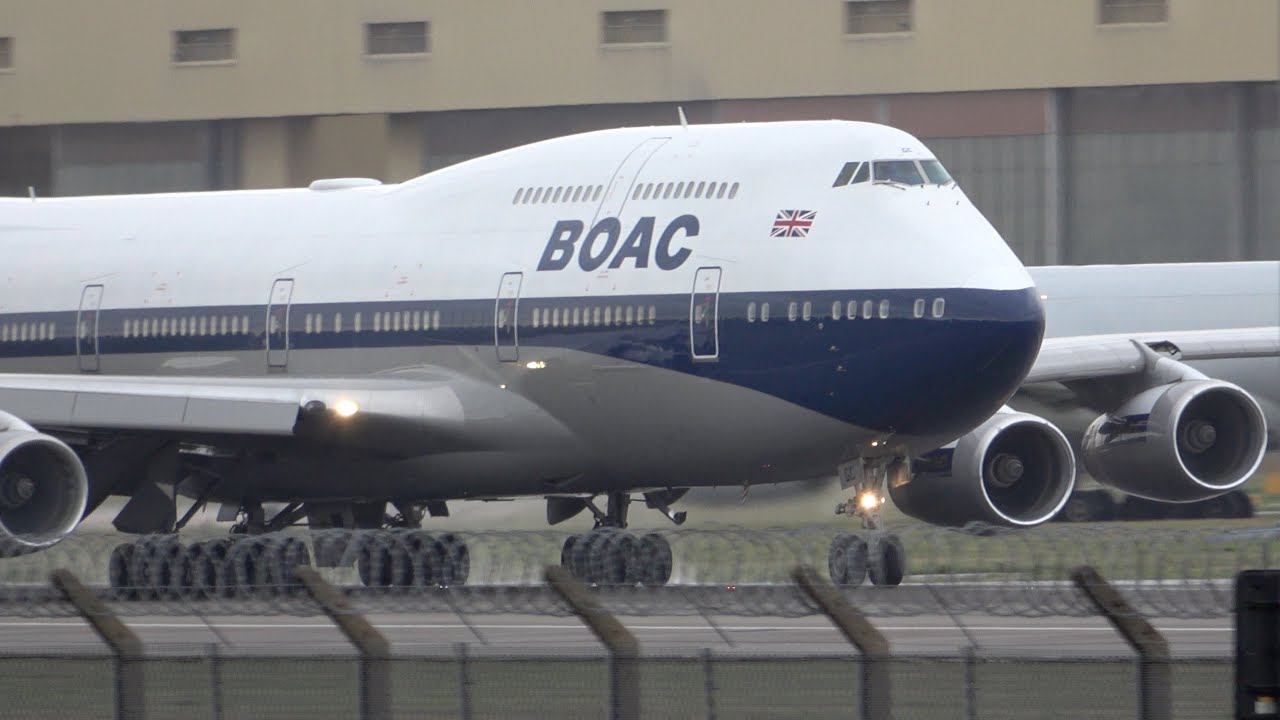 BOAC retro 747 up close.  Volume up for the takeoff!  British Airways 747 G-BYGC Heathrow. 13.2.20