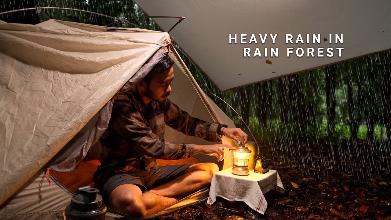 Solo Camping #75 | Heavy Rain, Relaxing in The Rain Forest, Making a Cup of Coffee, ASMR