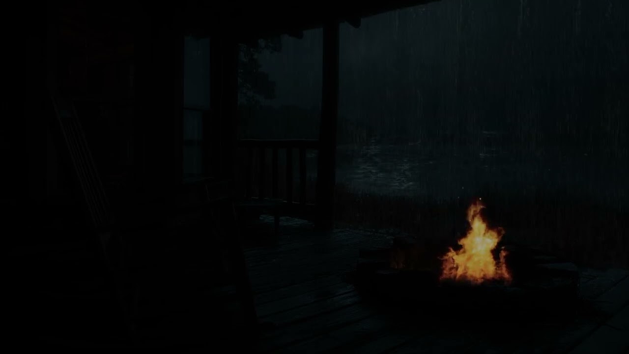 Heavy Rain & Gentle Thunder Cozy Porch | Campfire Glow for Deep Sleep – 3 Hours No Ads