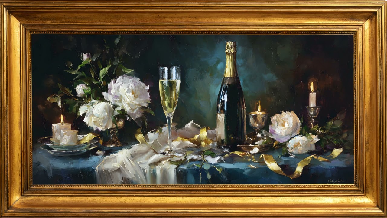 Vintage New Year Champagne TV Art Screensaver | Gold Frame TV Art | Art Screensaver for TV 1Hr 4K