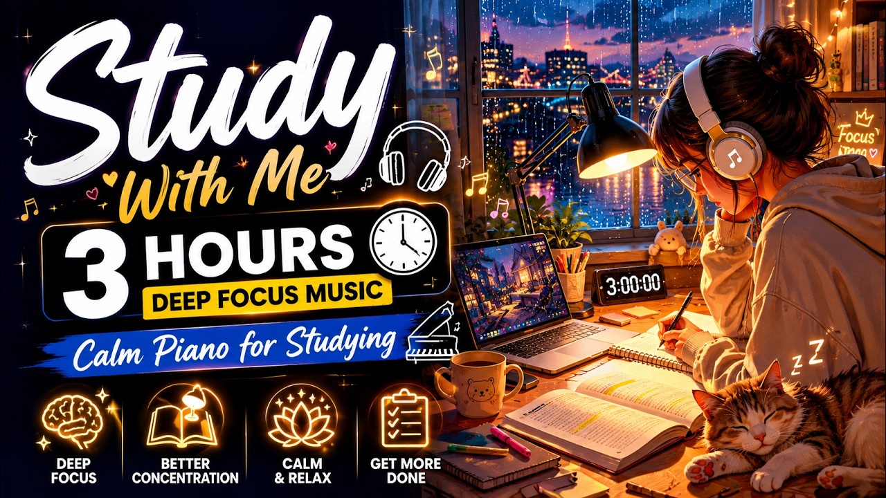 Study With Me – 3 Hours Deep Focus Music | Calm Piano for Studying